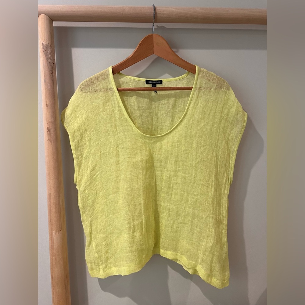 Eileen Fisher citrine yellow scoop neck boxy linen top blouse sz l large